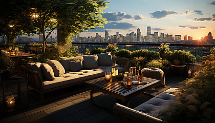 Rooftop garden in a modern city, with an array of green plants, comfortable seating, urban skyline, and soft, twinkling lights.