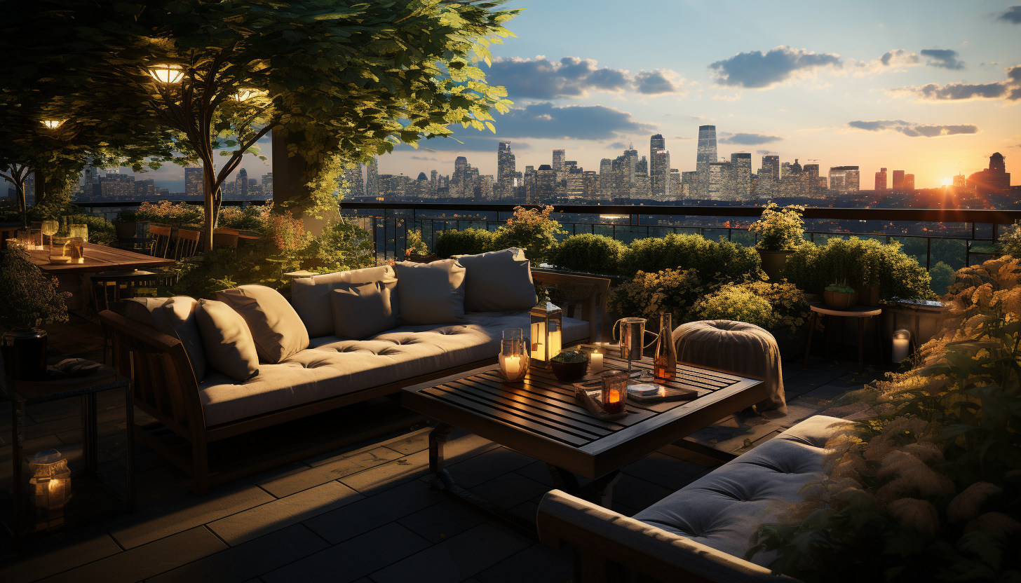 Rooftop garden in a modern city, with an array of green plants, comfortable seating, urban skyline, and soft, twinkling lights.