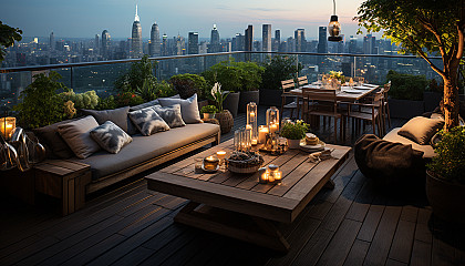 Rooftop garden in a modern city, with a variety of plants, comfortable seating, twinkling fairy lights, and skyscrapers in the background.