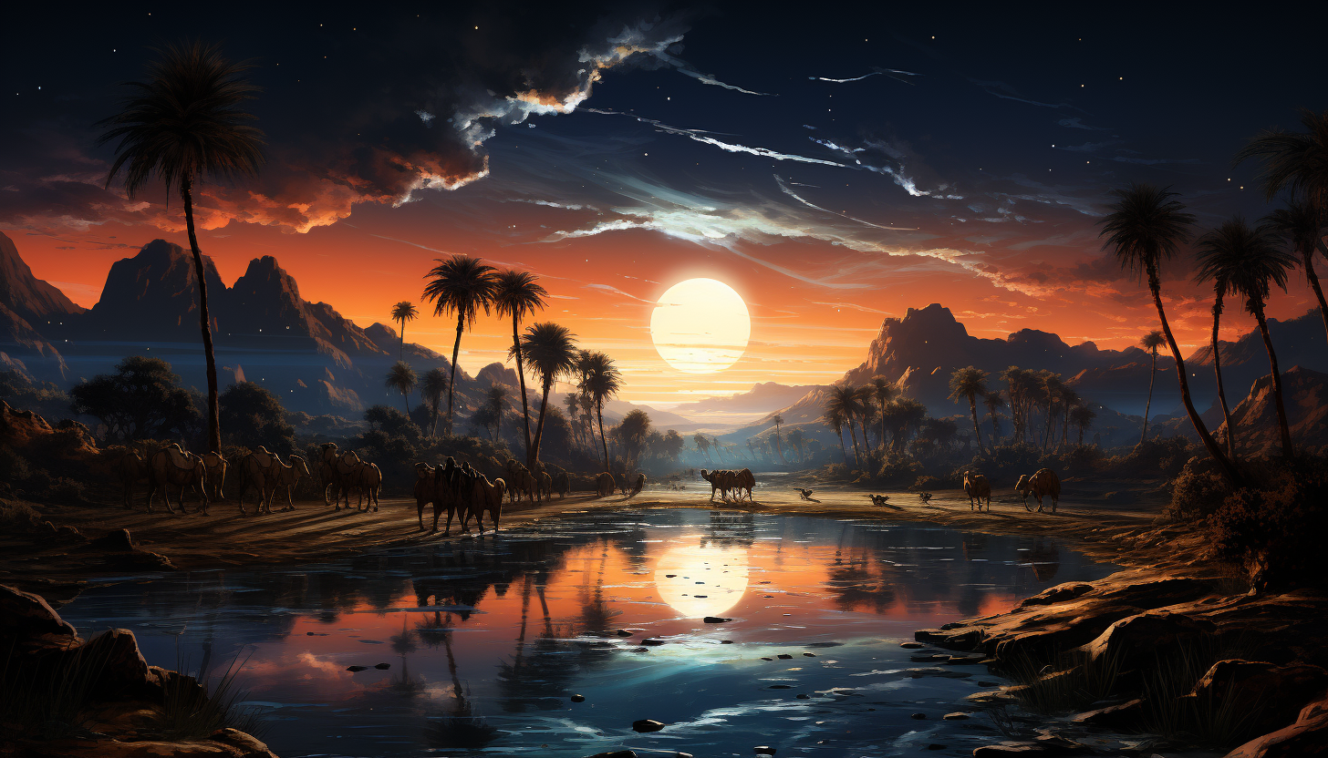 Desert oasis at twilight, with a tranquil pond, palm trees, a caravan of camels, and a star-filled sky above.