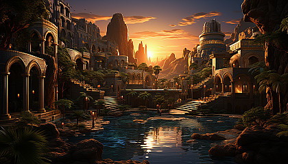 Desert oasis at sunset, with palm trees, a tranquil pond, camels resting, and ancient ruins in the background.