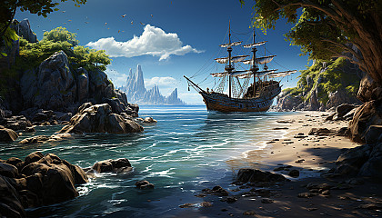 A hidden beach cove with crystal blue waters, white sand, a pirate ship anchored offshore, and a treasure chest partially buried.