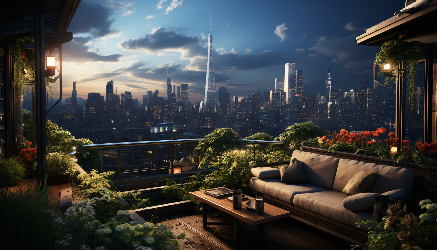 Rooftop garden in a modern city, with an array of green plants, comfortable seating, skyscrapers in the background, and twinkling city lights.