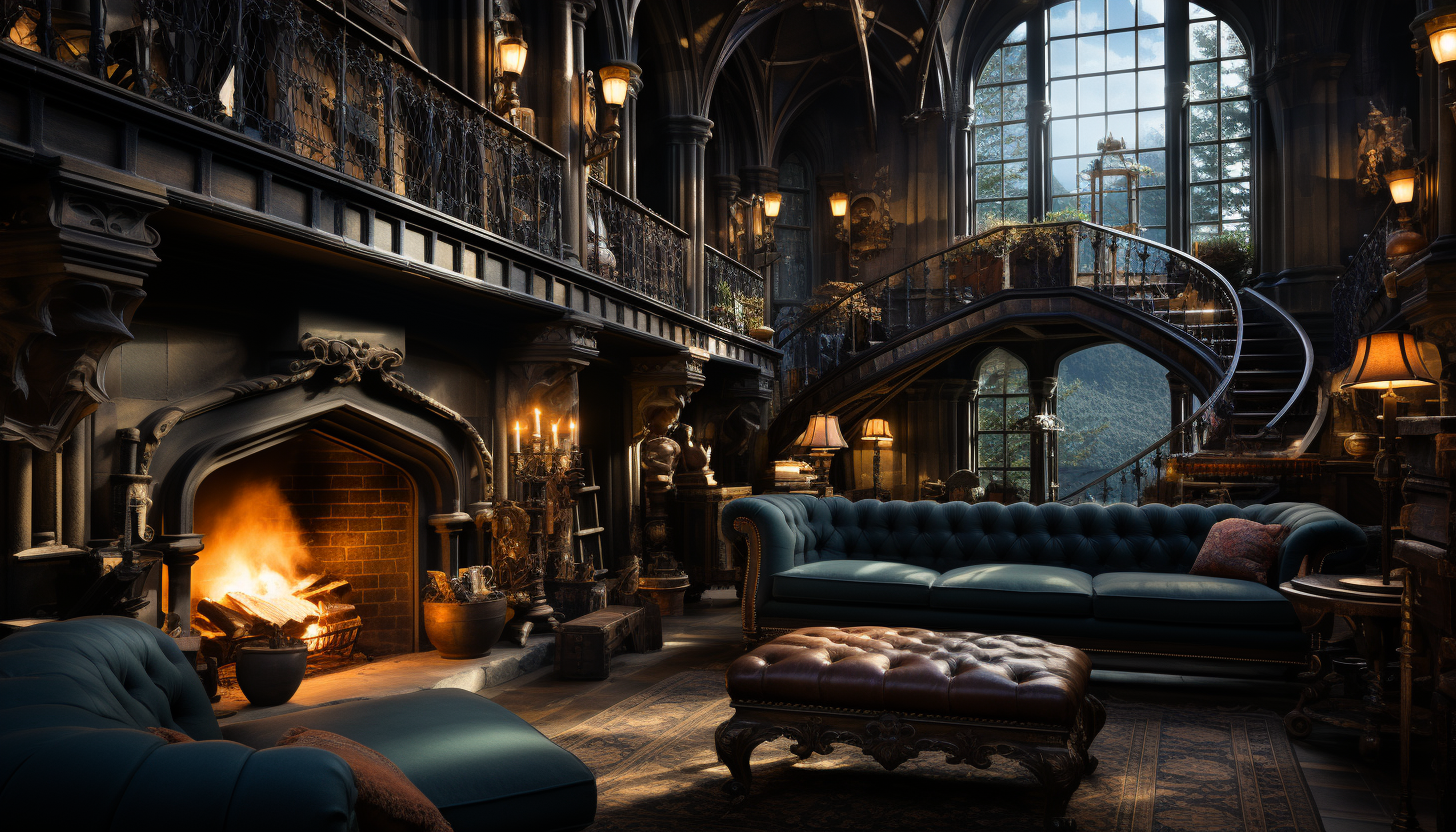 Grand library in a medieval castle, walls lined with ancient books, a large globe, a roaring fireplace, and stained glass windows.