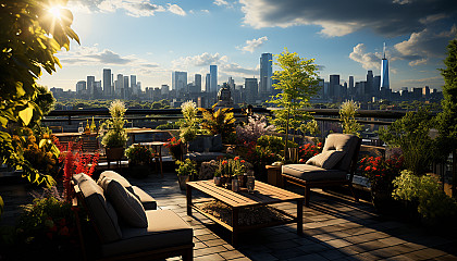 Modern rooftop garden in a bustling city, with sleek furniture, an array of green plants and flowers, and skyscrapers in the background.