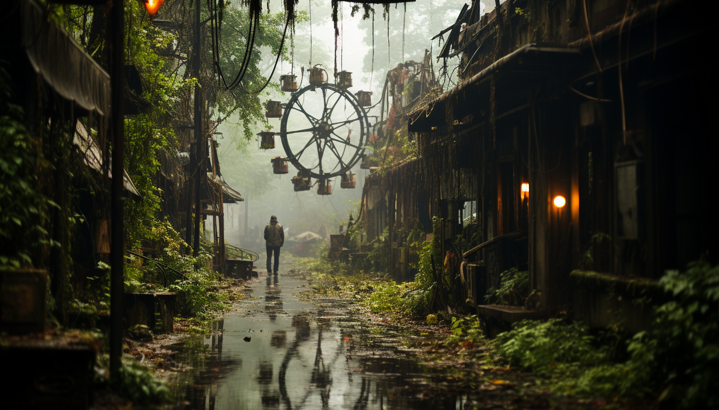 An abandoned amusement park reclaimed by nature, with overgrown rides, a Ferris wheel entwined in vines, and a mysterious, eerie ambiance.