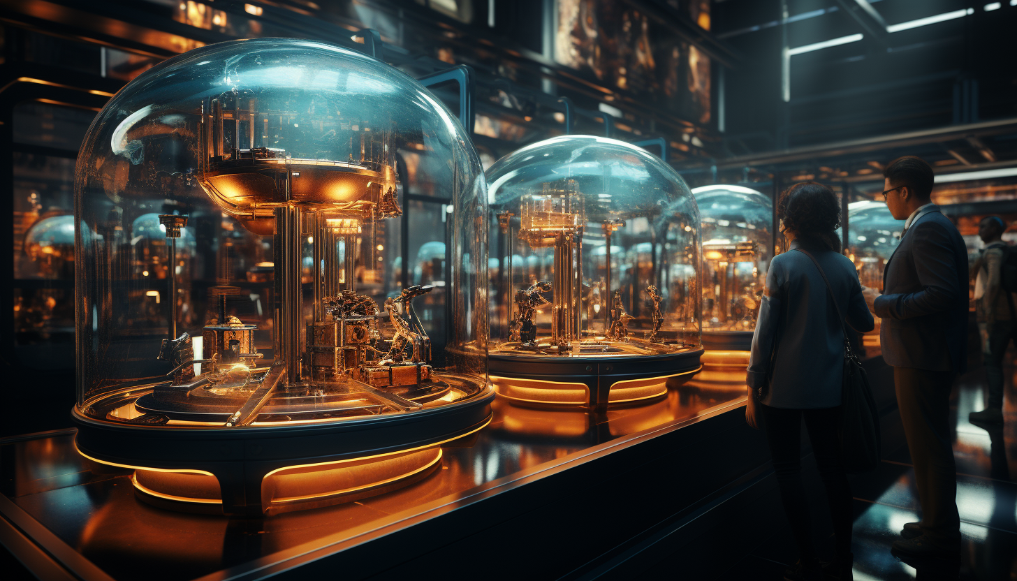 High-tech robotics lab, with advanced AI robots in development, holographic displays, and scientists at work.