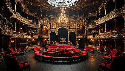 Grand opera house interior, with opulent gold and red décor, a grand chandelier, velvet curtains, and an audience in period attire.