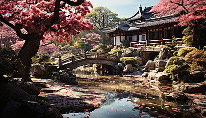 Traditional Chinese garden in spring, with a pagoda, stone paths, blooming peonies, and a gently flowing stream.