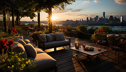 Lush rooftop garden in an urban setting, with a variety of plants, comfortable seating areas, and a skyline view at sunset.