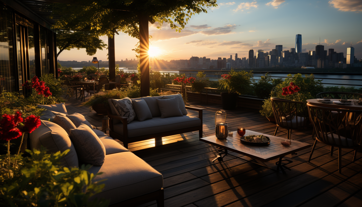 Lush rooftop garden in an urban setting, with a variety of plants, comfortable seating areas, and a skyline view at sunset.