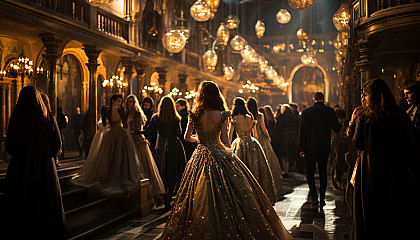 Elegant Venetian masquerade ball, with guests in ornate masks and period costumes, in a grand palace with chandeliers and gondolas outside.