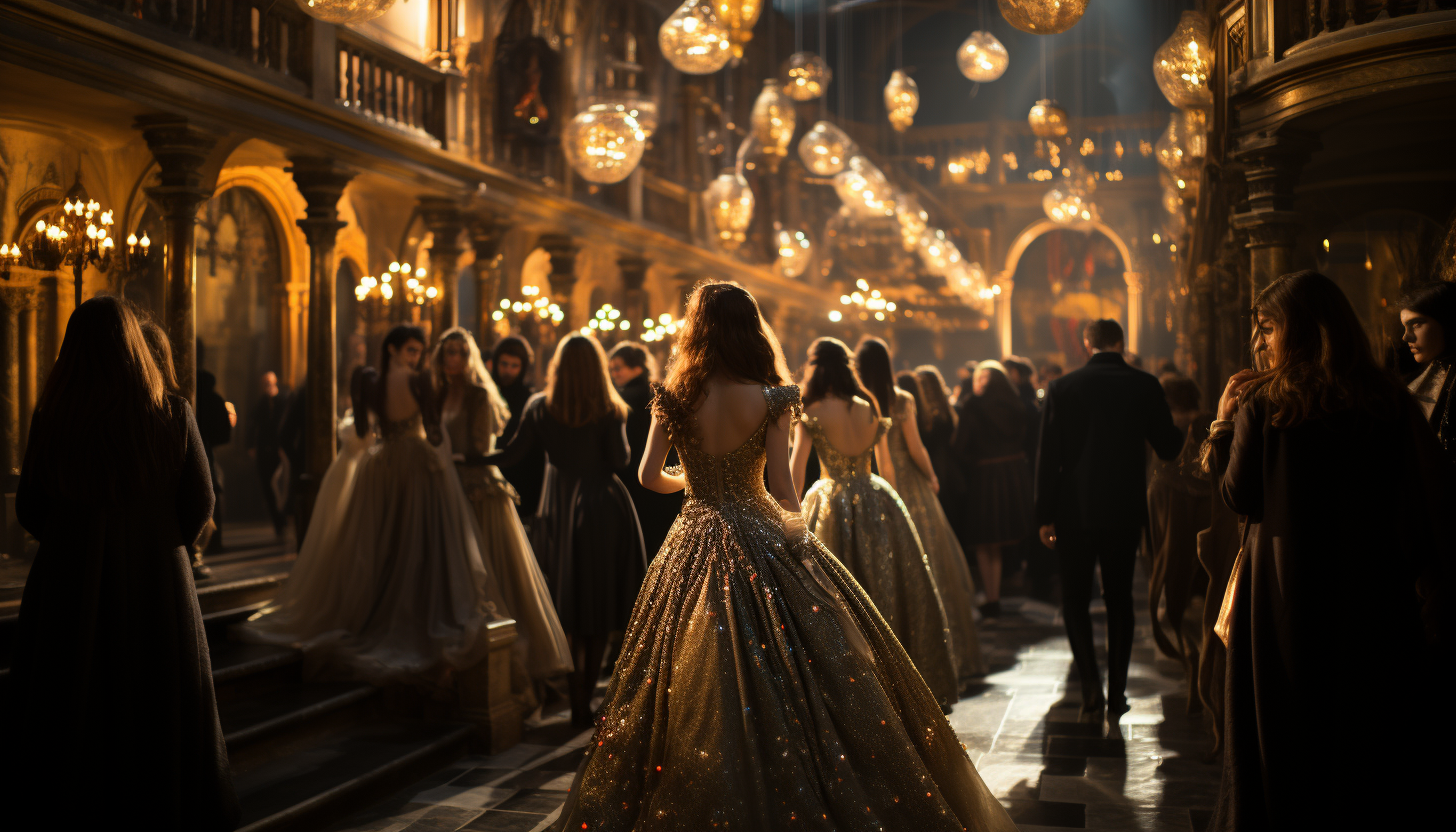 Elegant Venetian masquerade ball, with guests in ornate masks and period costumes, in a grand palace with chandeliers and gondolas outside.