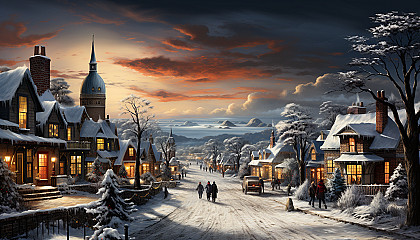 Winter wonderland with a snow-covered village, children building a snowman, horse-drawn sleighs, and twinkling lights on every house.