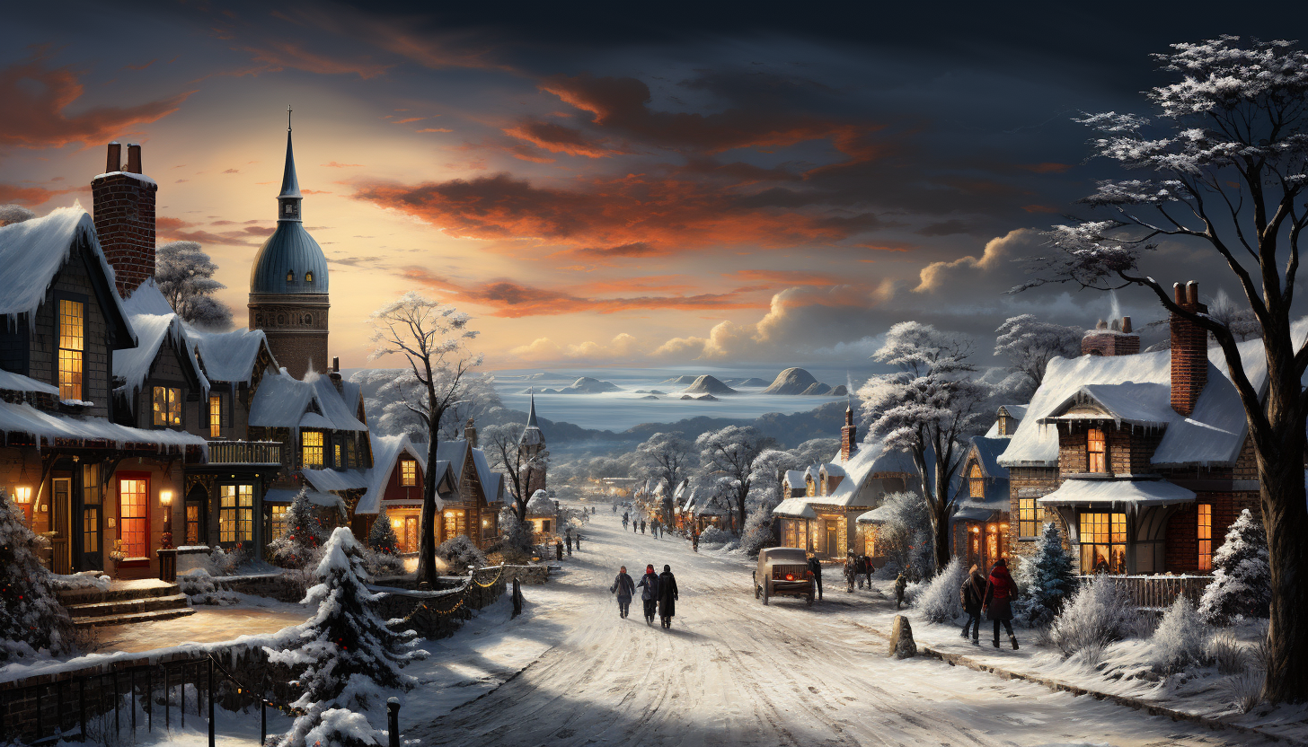 Winter wonderland with a snow-covered village, children building a snowman, horse-drawn sleighs, and twinkling lights on every house.