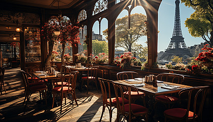 Classic Parisian café on a sunny morning, with outdoor seating, fresh pastries on display, and the Eiffel Tower visible in the distance.