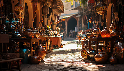 Traditional Moroccan bazaar, with spice towers, colorful textiles, ornate lanterns, and bustling crowds.