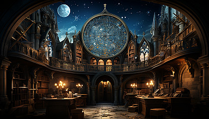 Ancient library with towering bookshelves, globes, celestial maps, mysterious artifacts, and a large, arched window showing a starry night.