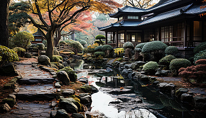 Tranquil Japanese tea garden in autumn, with a wooden teahouse, stone paths, maple trees in fall colors, and a gentle stream.