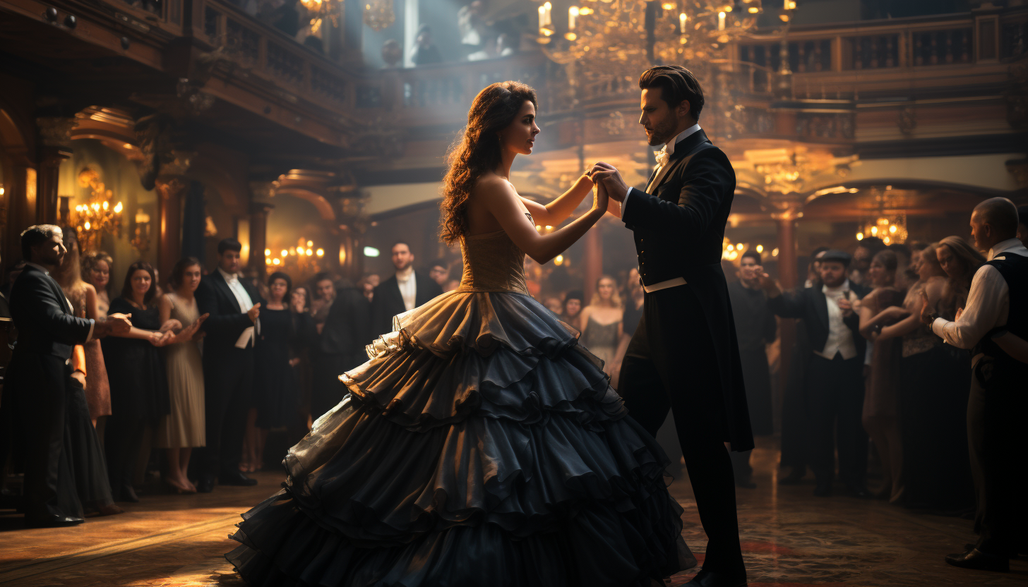 A grand Victorian ballroom, with dancers in elegant attire, a live orchestra, opulent chandeliers, and ornate decorations.