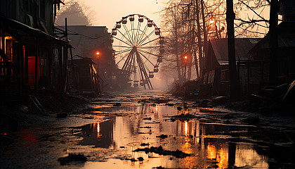 Abandoned amusement park at dawn, with overgrown rides, a still Ferris wheel, and a misty, eerie atmosphere.