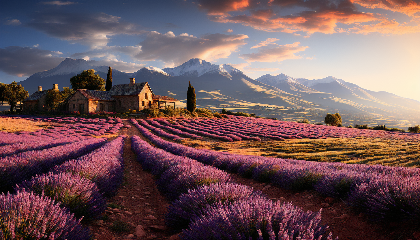 Lavender fields in Provence at golden hour, with rows of purple flowers, a quaint farmhouse, and distant mountains.