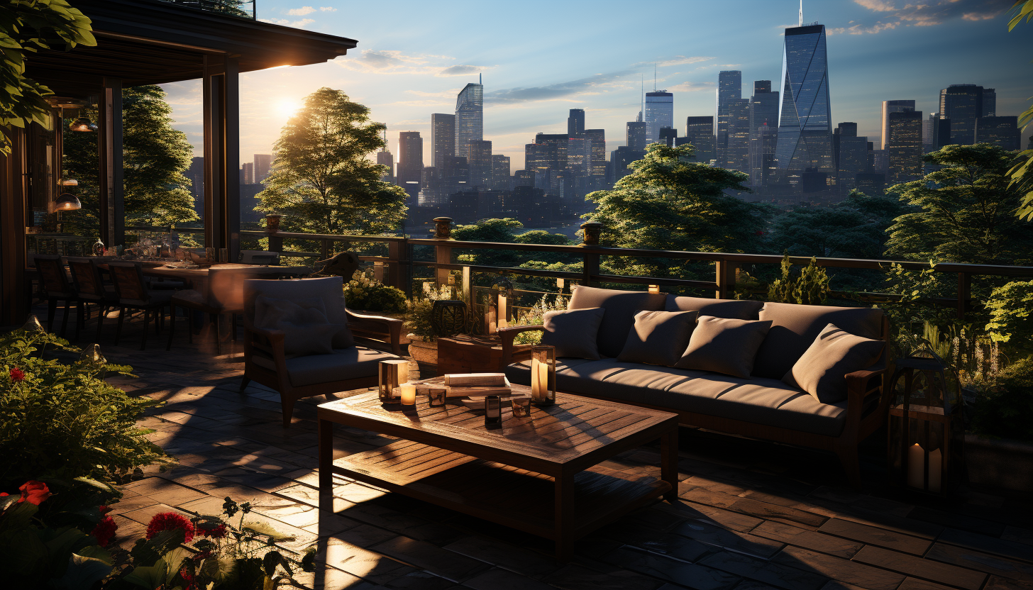 Modern city rooftop garden, with a variety of plants, comfortable seating, city skyline view, and soft ambient lighting.