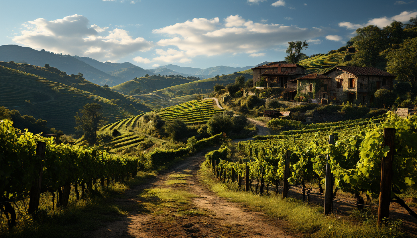 Rustic vineyard at golden hour, rolling hills of grapevines, a quaint stone farmhouse, and workers harvesting grapes.