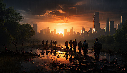 Post-apocalyptic urban landscape, with nature reclaiming skyscrapers, deserted streets, and a group of survivors exploring the ruins.