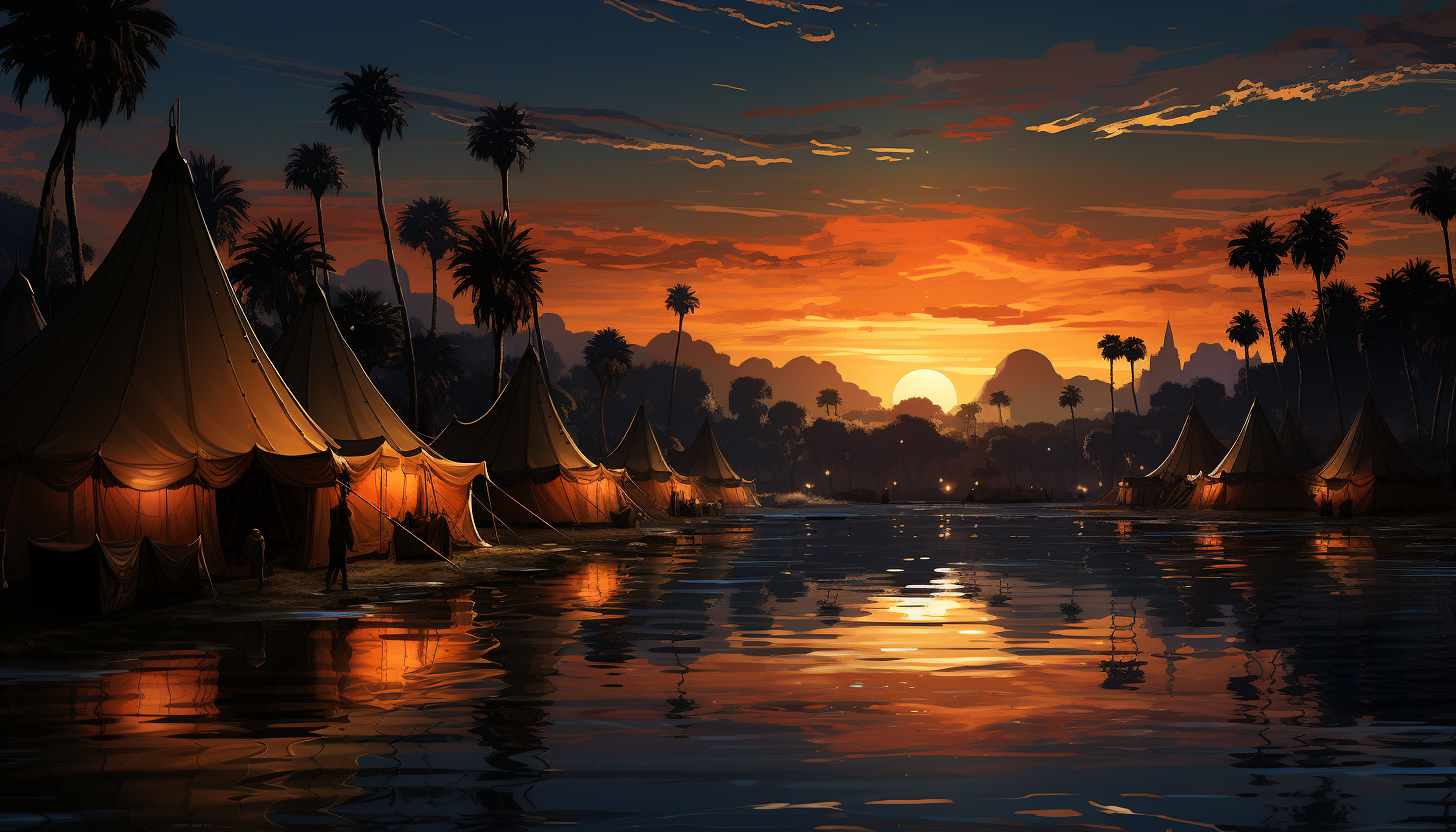 Calm desert oasis at sunset, with palm trees, a tranquil pond, camels resting, and nomadic tents under a starry sky.