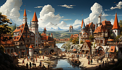 Medieval castle during a festival, with knights, jesters, market stalls, a tournament in progress, and a feast.