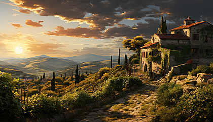 Lush vineyard landscape in Tuscany, rolling hills, rows of grapevines, a rustic stone farmhouse, and a setting sun in the background.