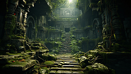 Abandoned ancient temple in a dense jungle, with overgrown vines, mysterious statues, and a hidden treasure chest.