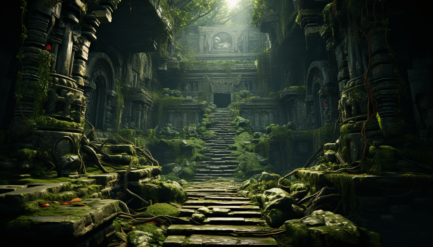 Abandoned ancient temple in a dense jungle, with overgrown vines, mysterious statues, and a hidden treasure chest.