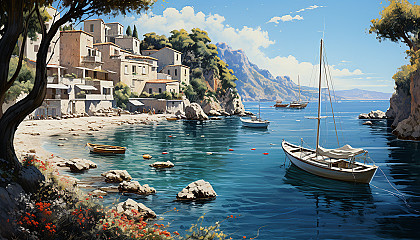 Mediterranean coastal village, white-washed buildings, blue domes, flowering balconies, and fishing boats in the azure sea.
