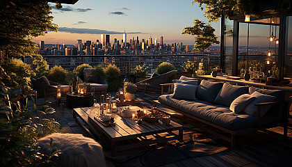 Rooftop garden in a modern city at dusk, with twinkling fairy lights, a variety of plants, comfortable seating, and a skyline view.