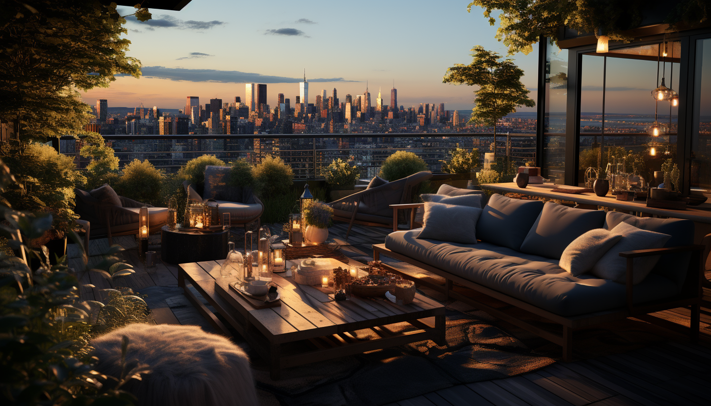 Rooftop garden in a modern city at dusk, with twinkling fairy lights, a variety of plants, comfortable seating, and a skyline view.