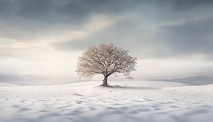 A solitary tree standing in the midst of a snow-covered field.
