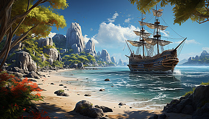 A hidden beach cove with crystal blue waters, white sand, a pirate ship anchored offshore, and a treasure chest partially buried.