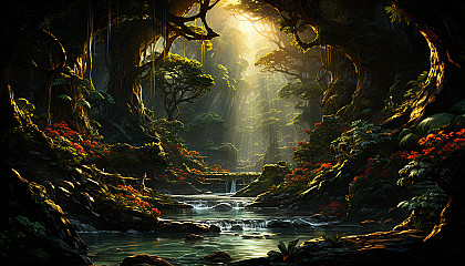 Lush rainforest canopy with exotic birds, a hidden waterfall, ancient trees, and sun rays filtering through the foliage.