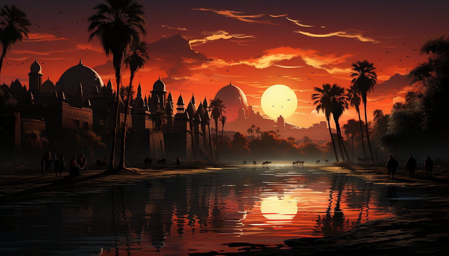 Desert oasis at sunset, featuring palm trees, a tranquil pond, camels resting, and ancient ruins silhouetted against the orange sky.