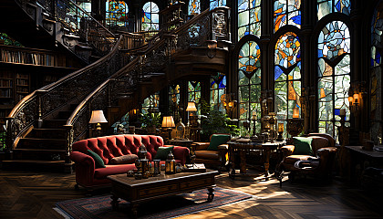 Grand library with towering bookshelves, spiral staircases, antique globes, and a large stained glass window casting colorful light.