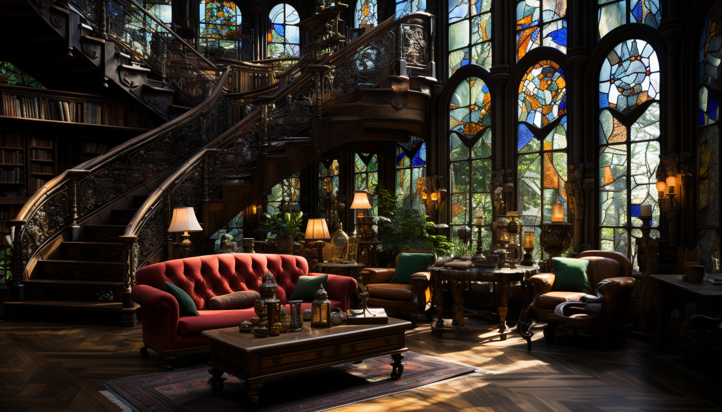 Grand library with towering bookshelves, spiral staircases, antique globes, and a large stained glass window casting colorful light.