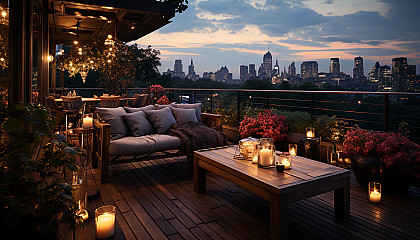 Luxurious rooftop garden at dusk, overlooking a sprawling cityscape, with string lights, elegant lounge furniture, and a variety of lush plants.