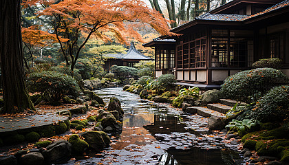 Tranquil Japanese tea garden in autumn, with a wooden teahouse, stone paths, maple trees in fall colors, and a gentle stream.