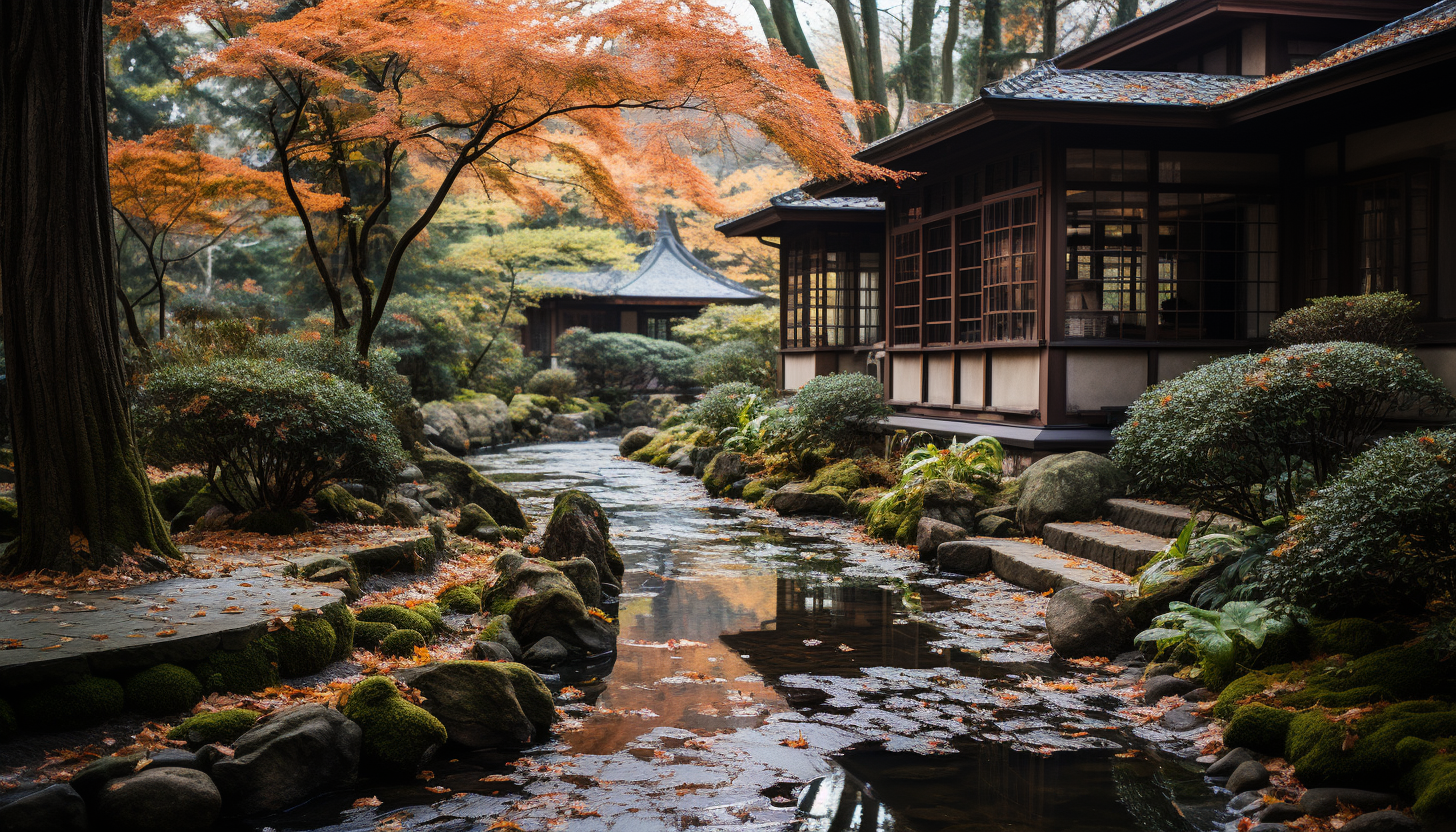 Tranquil Japanese tea garden in autumn, with a wooden teahouse, stone paths, maple trees in fall colors, and a gentle stream.