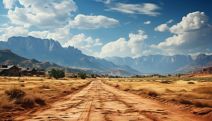 Old Western ghost town at high noon, abandoned wooden buildings, a dusty main street, tumbleweeds, and distant mountains.