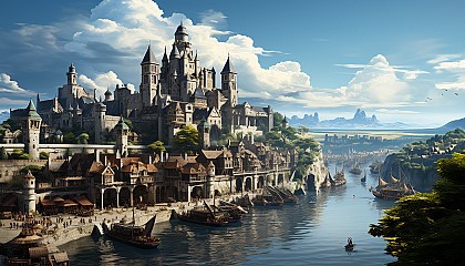 Medieval castle on a misty cliff, with knights on horseback, a bustling courtyard market, and a dramatic coastal view.