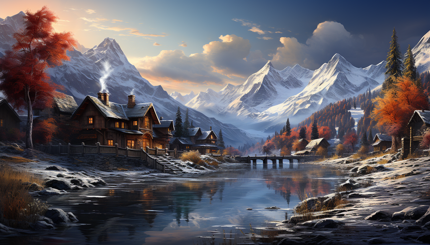 Serene Alpine village in winter, with snow-covered chalets, a frozen lake, skiers, and a backdrop of majestic mountains.