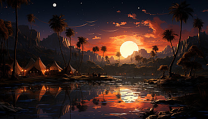 Calm desert oasis at sunset, with palm trees, a tranquil pond, camels resting, and nomadic tents under a starry sky.